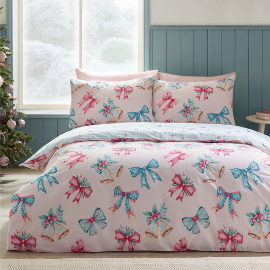 Christmas Bows and Bells Reversible Duvet Cover Set in Pink by Catherine Lansfield