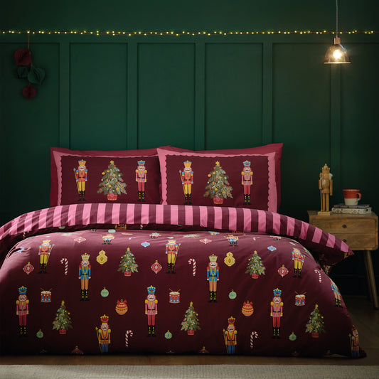 Christmas Nutcracker Stripe Reversible Duvet Cover Set in Plum by Catherine Lansfield