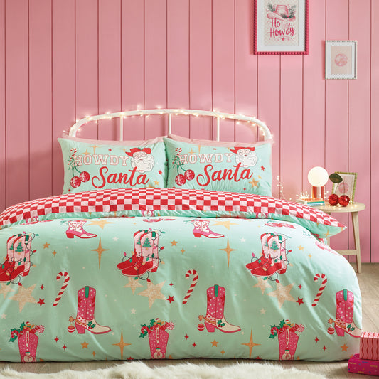 Santa's Howdy Christmas Reversible Duvet Cover Set in Green by Catherine Lansfield