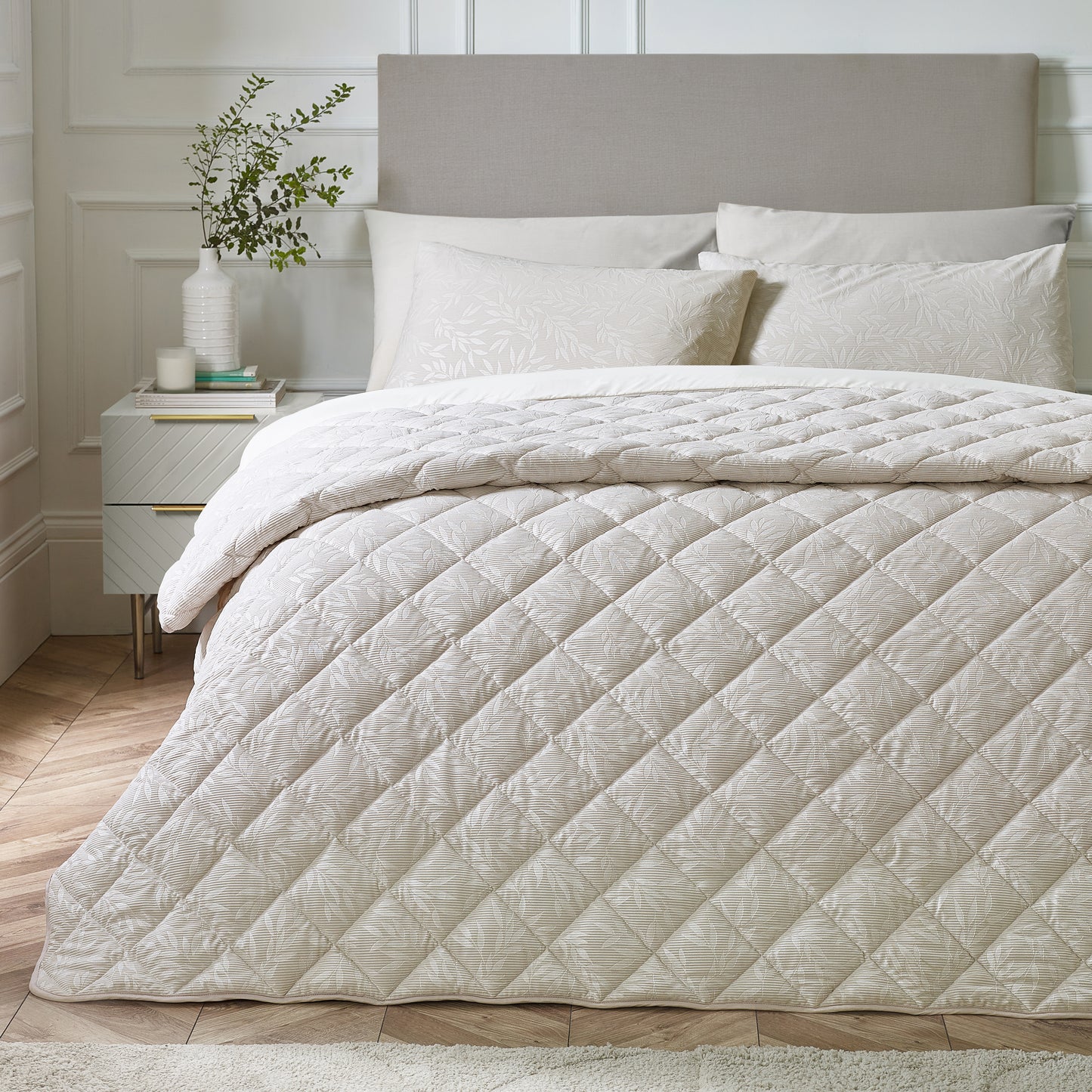 Corded Leaves Quilted Bedspread in Champagne Gold by Catherine Lansfield