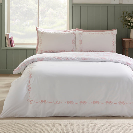 Bow Embroidery Duvet Cover Set in White / Pink by Catherine Lansfield