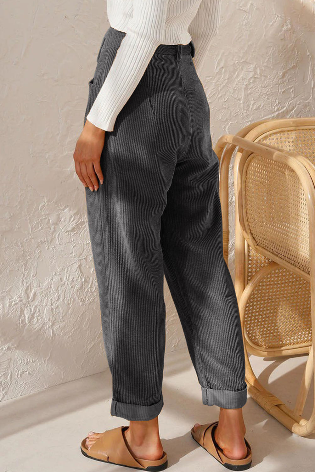 Grey Corduroy High Waisted Wide Leg Pants