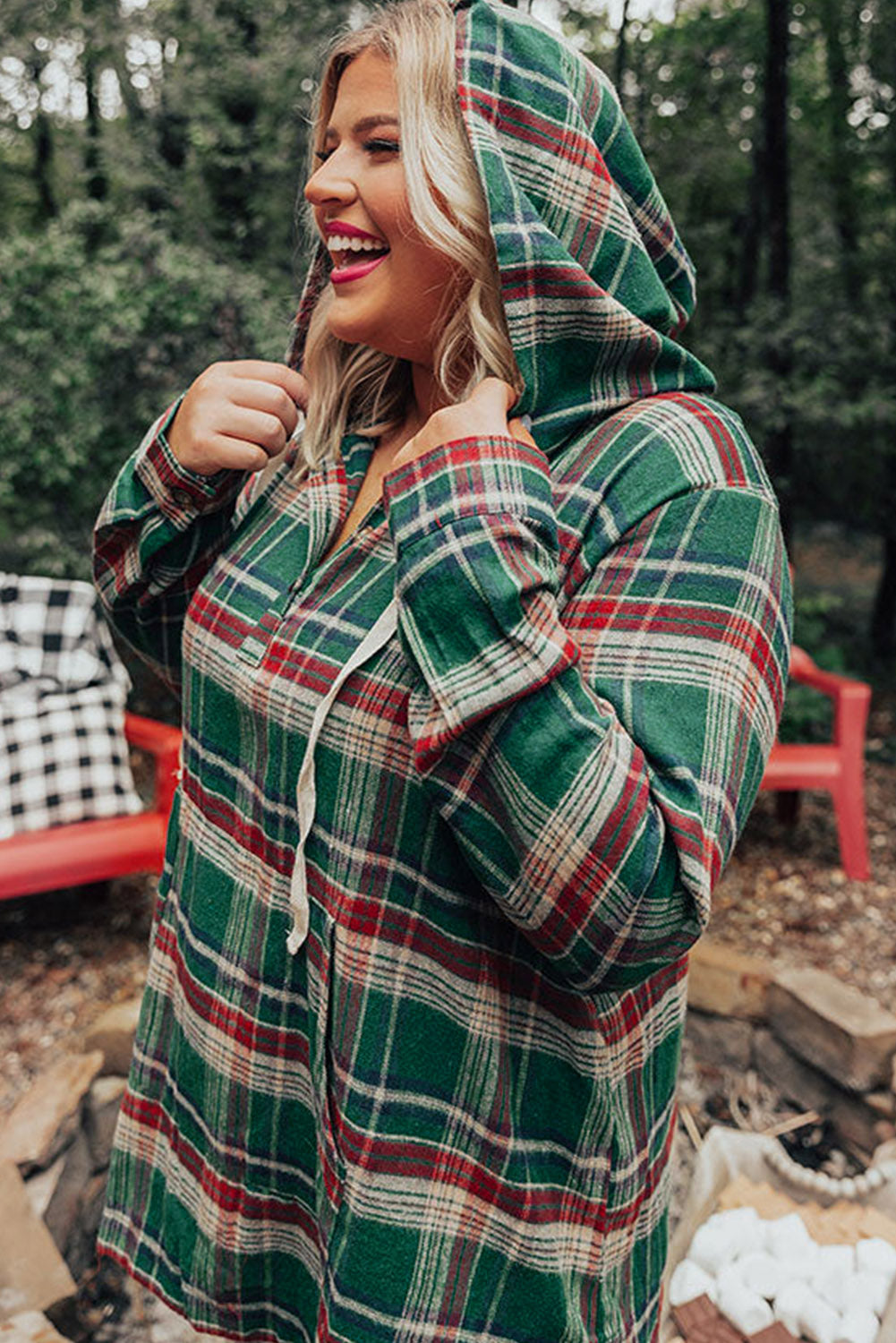 Plus Size Plaid Kangaroo Pocket Drawstring Hoodie