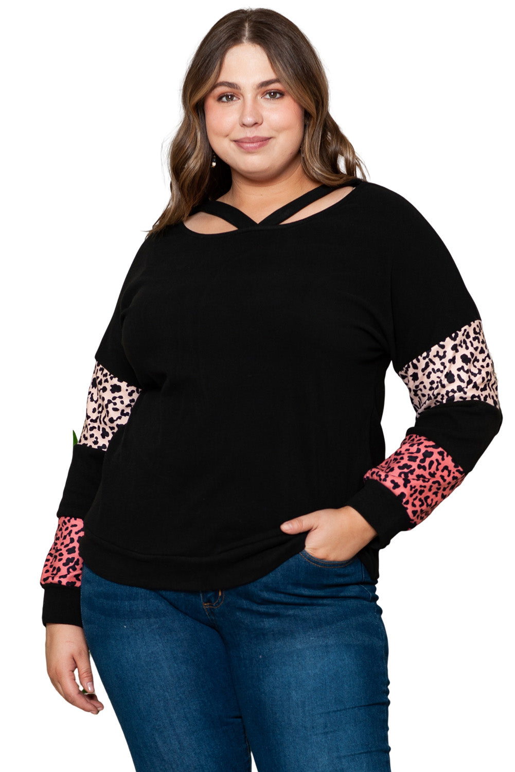 Black Plus Size Leopard Patchwork Strappy Neck Top