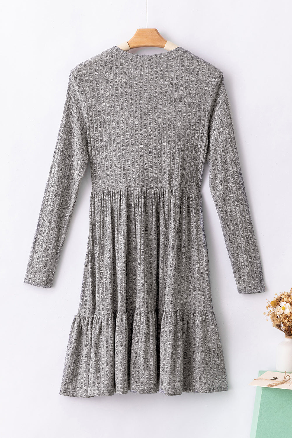 Gray Pocket Ribbed Pleated Ruffle Hem Mini Dress