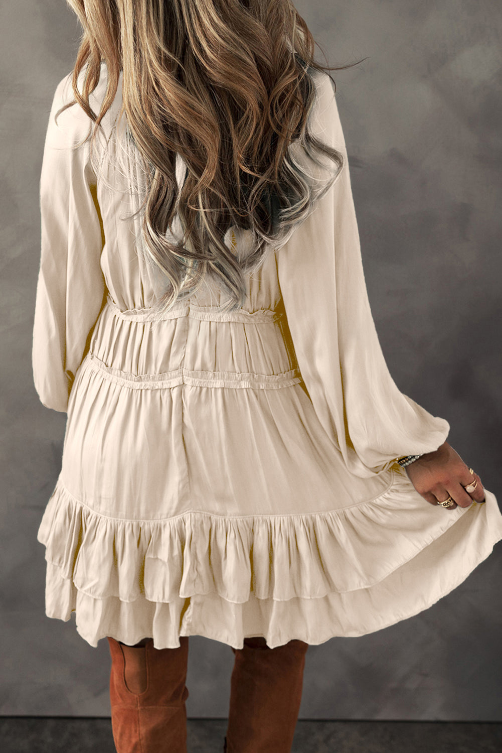 Apricot Puff Sleeve Loose Fit Tiered Ruffle Mini Dress