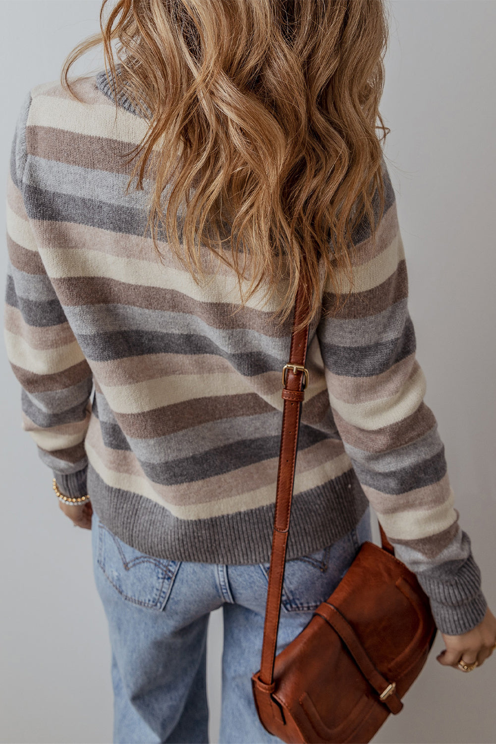 Grey Striped Ribbed Edge Round Neck Sweater