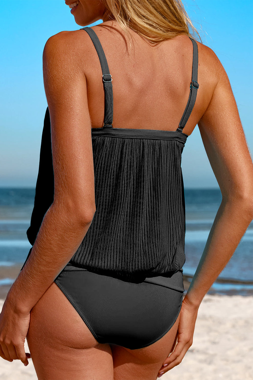 Striped Mesh Top and Knotted Bottom Tankini Set