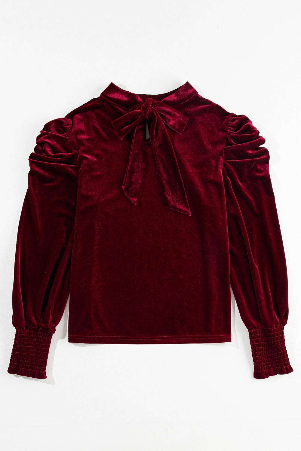 Mock Keyhole Neck Puff Sleeve Velvet Blouse