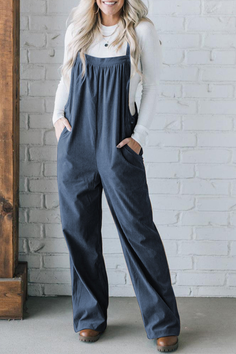 Plain Pocketed Loose Fit Corduroy Overalls