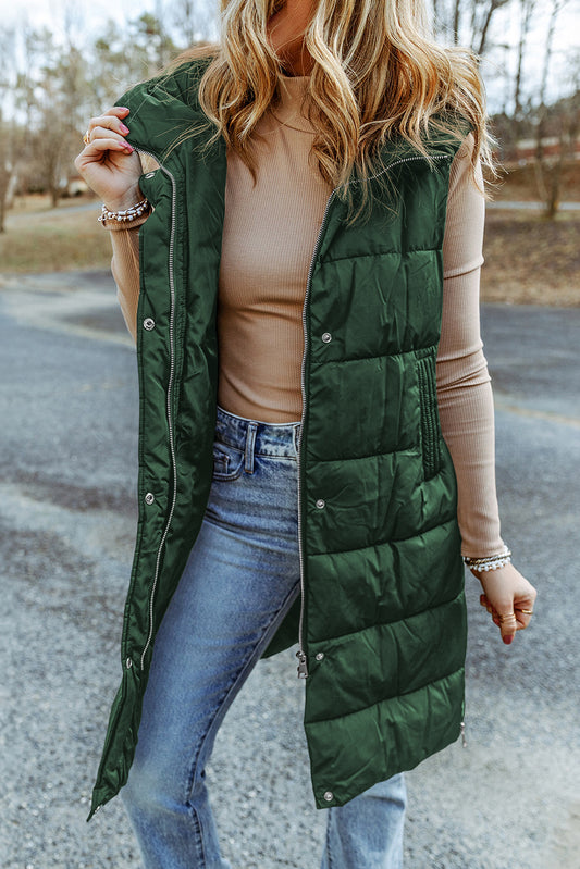 Hooded Pocketed Quilted Long Vest Coat