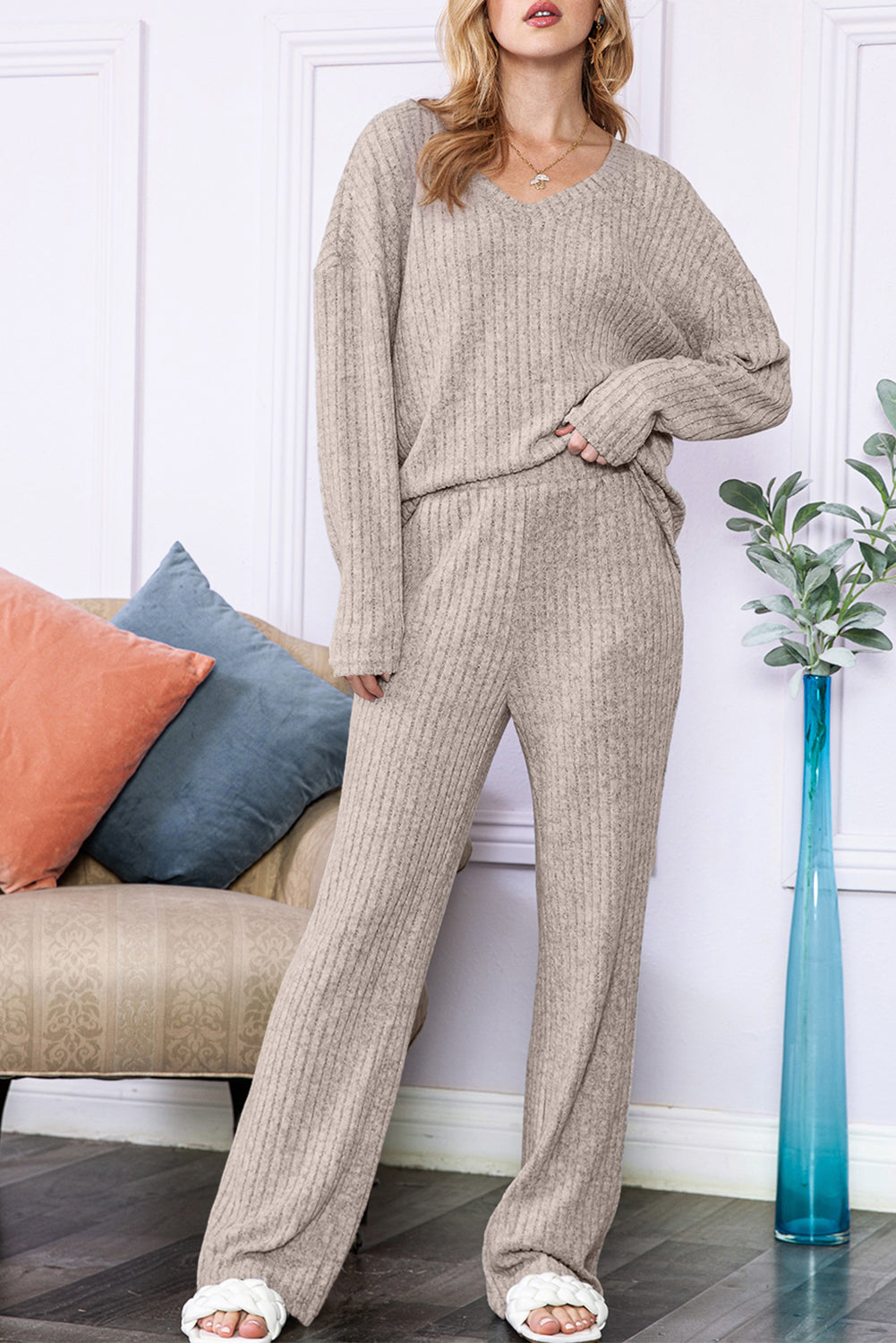 Slouchy Ribbed Knit V Neck Top & Pants Loungewear Set