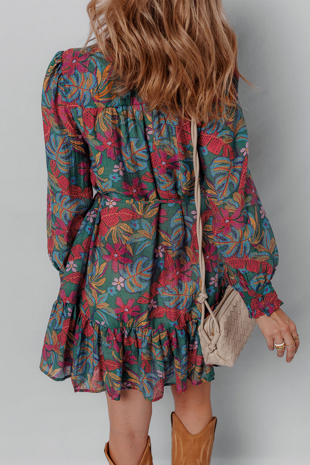 Green Floral Frill V Neck Puff Sleeve Ruffle Mini Dress