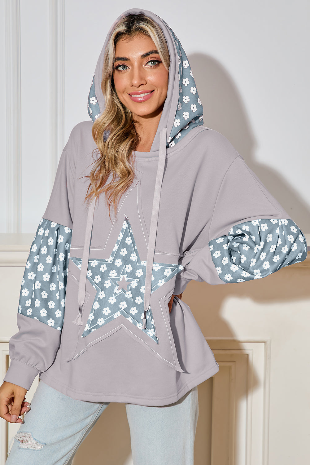 Floral Patchwork Star Pattern Drawstring Hoodie