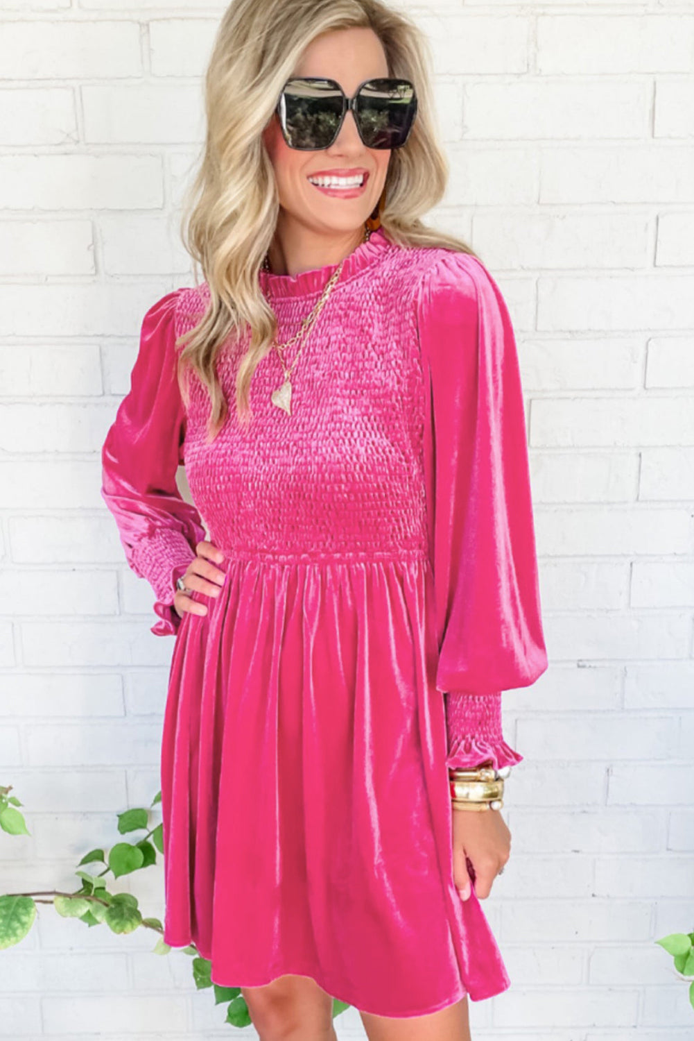 Smocked Lantern Sleeve Frilled Velvet Dress