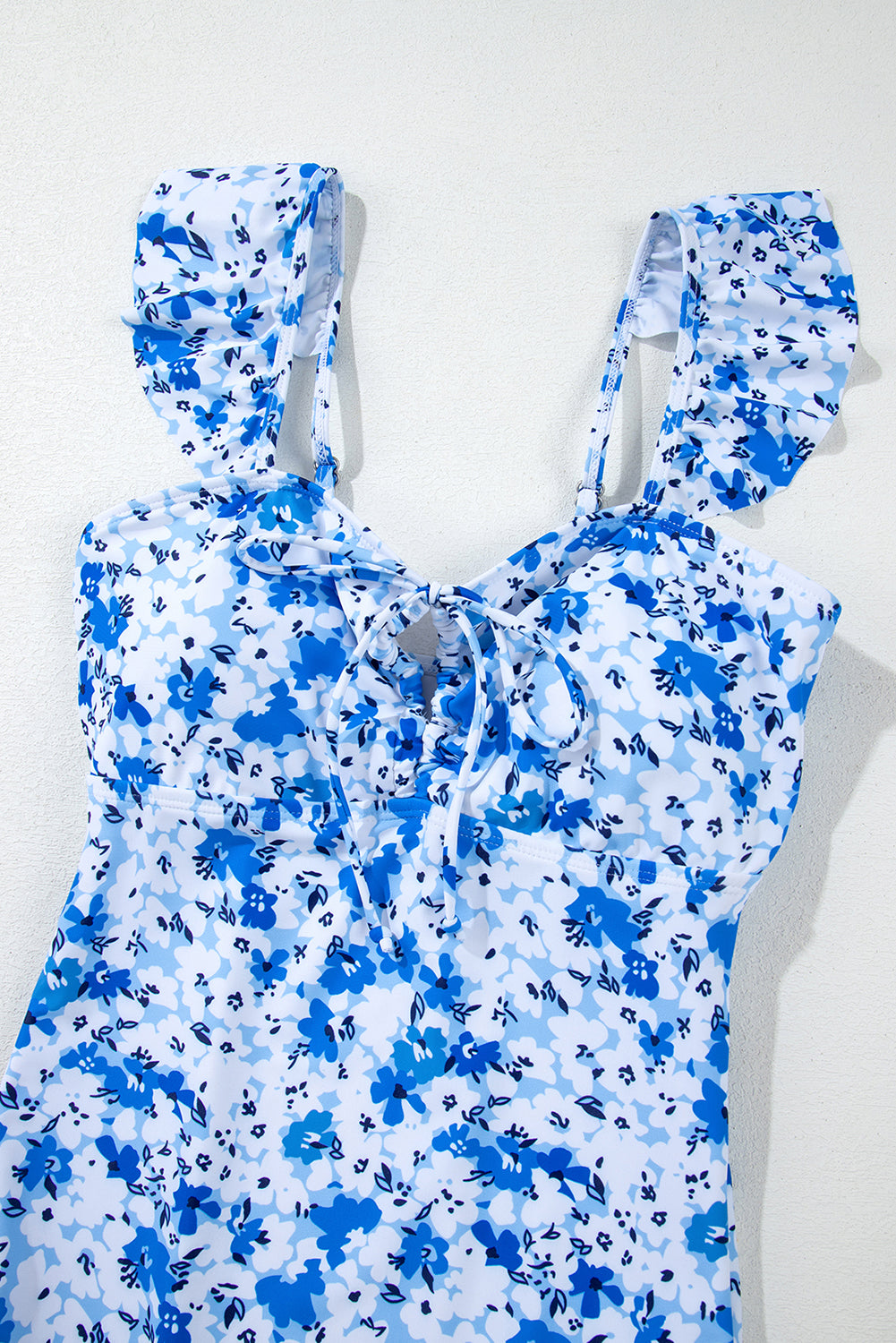 Blue Floral Ruffled Strap Lace Up Hollow Out One Piece Swimsuit