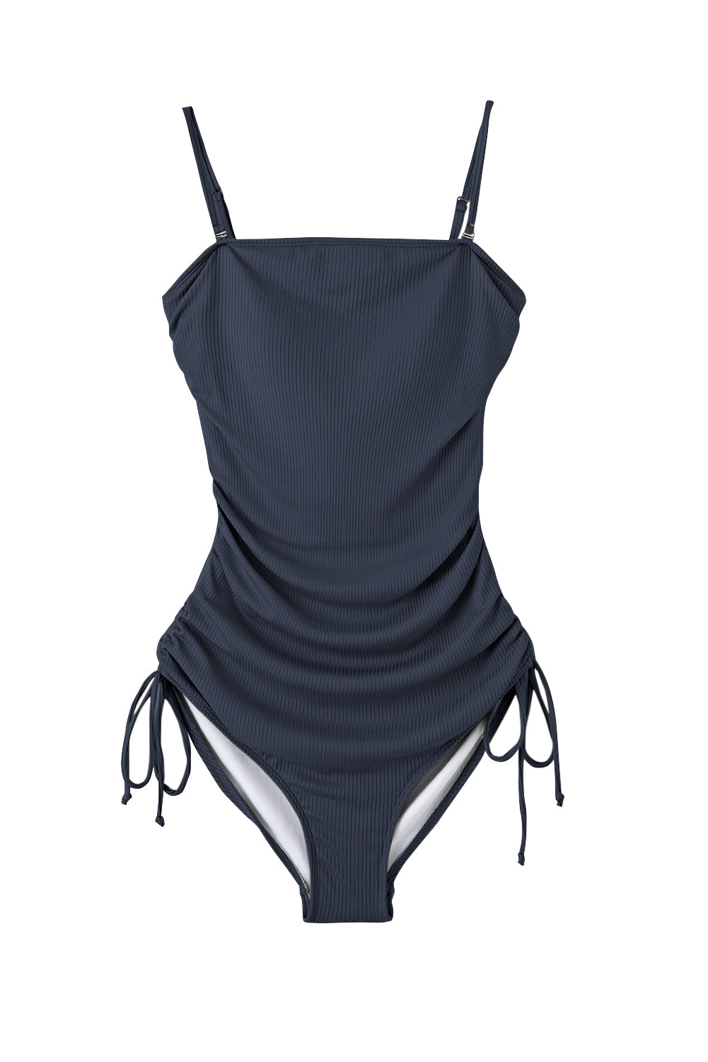 Navy Blue Side Drawstring Cutout Ribbed One Piece Swimsuit