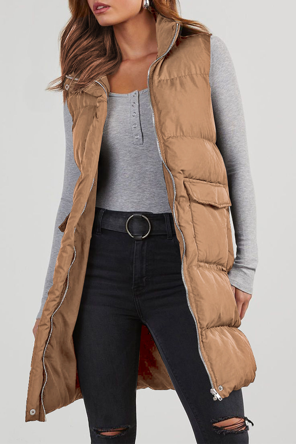 Quilted Pocketed Long Puffer Vest Coat