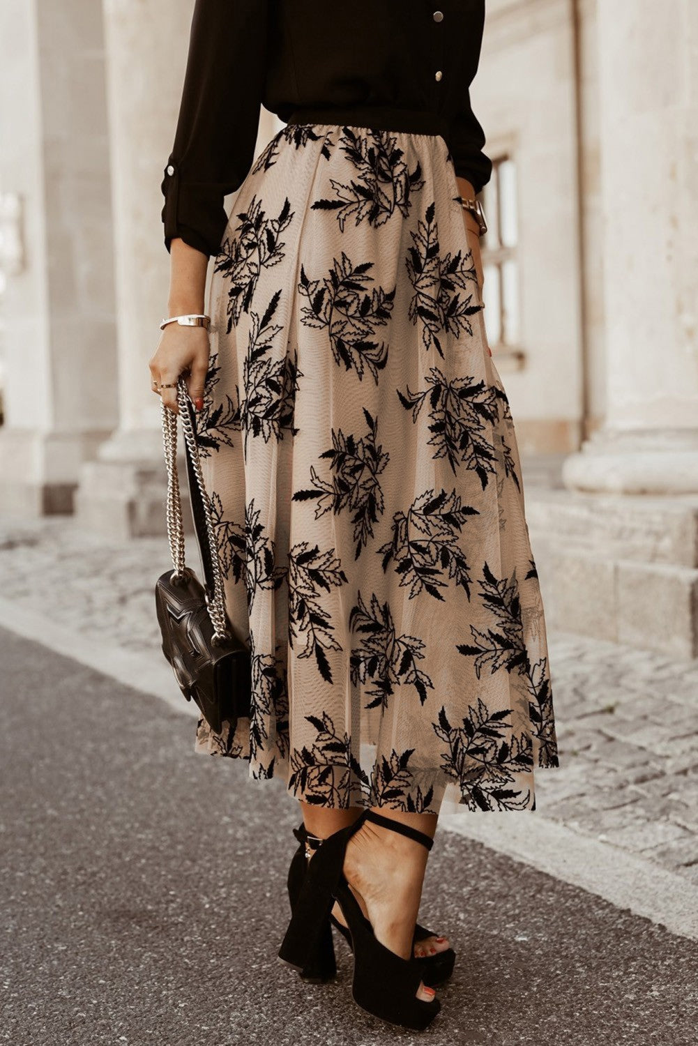 Peach Blossom Floral Leaves Embroidered High Waist Maxi Skirt