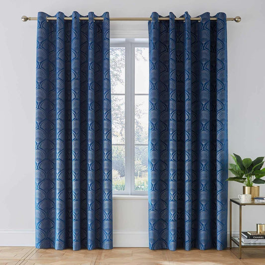 Art Deco Pearl Lined Eyelet Curtains in Navy Blue by Catherine Lansfield