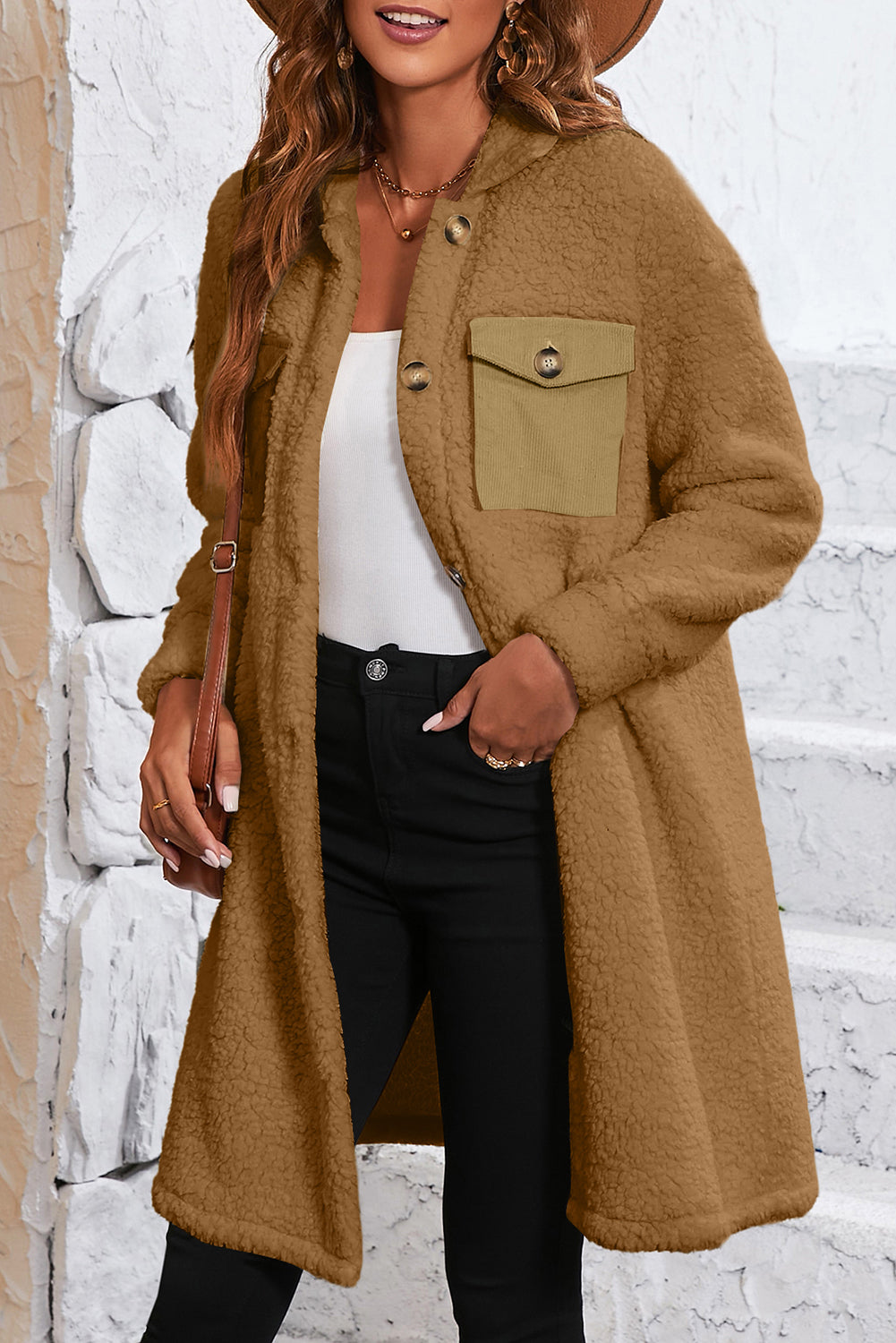 Flap Pocket Single Breasted Teddy Coat