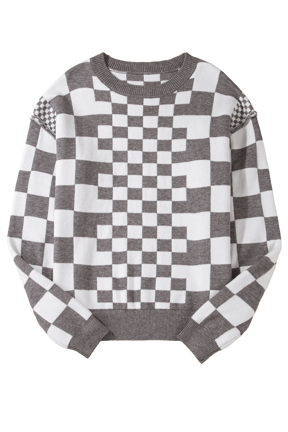 Checkered Drop Shoulder Round Neck Sweater