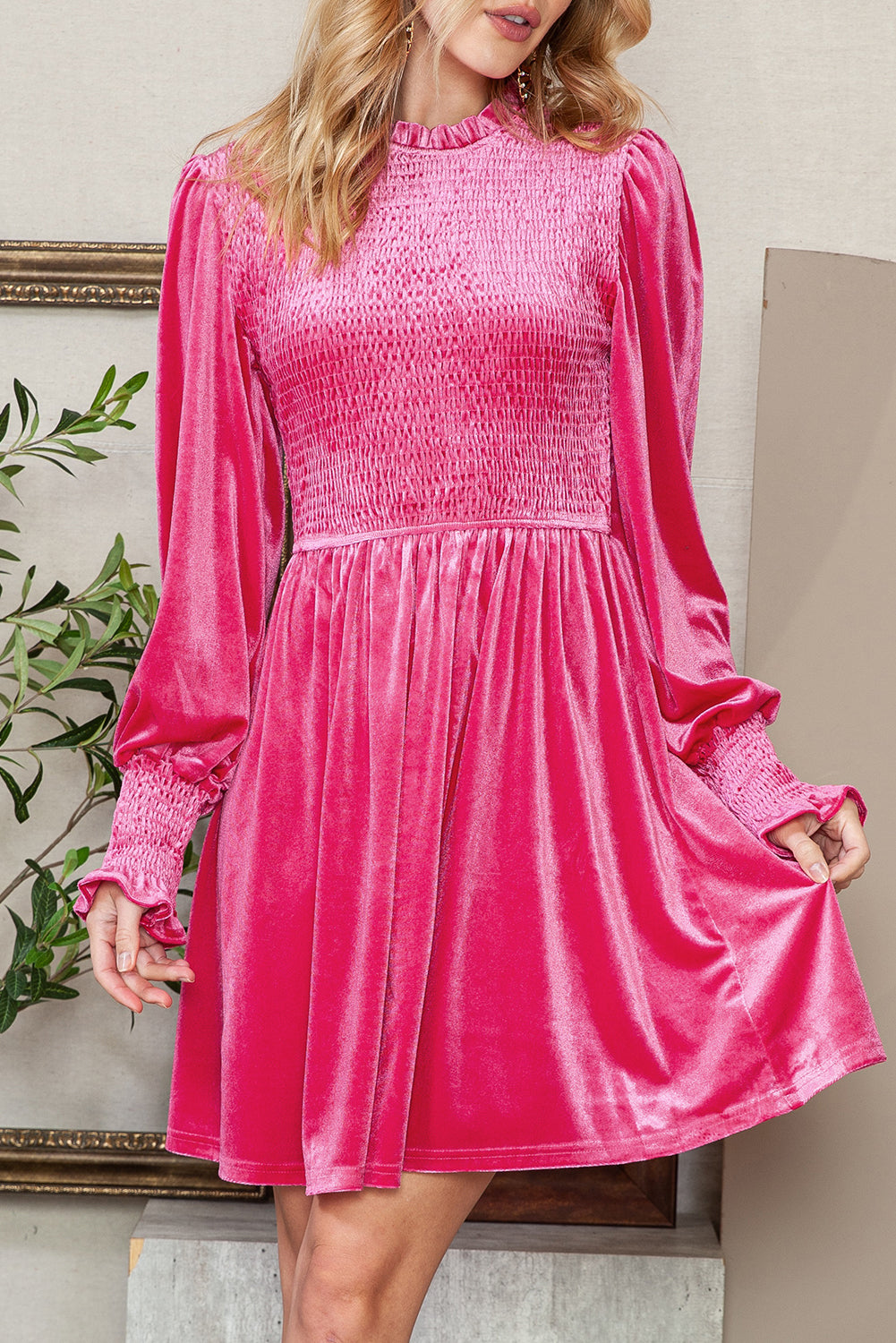 Smocked Lantern Sleeve Frilled Velvet Dress