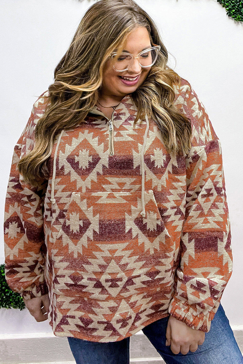 Red Plus Size Geometric Half Zip High Neck Hoodie