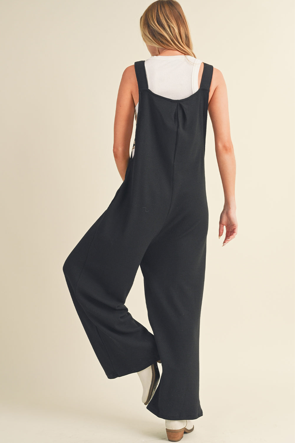 Buttoned Straps Ruched Wide Leg Jumpsuit