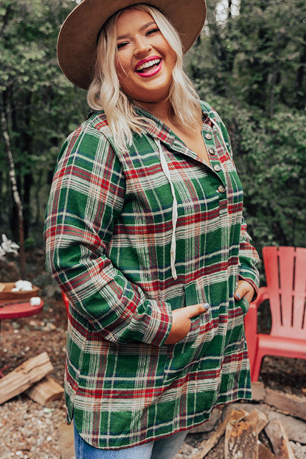 Plus Size Plaid Kangaroo Pocket Drawstring Hoodie