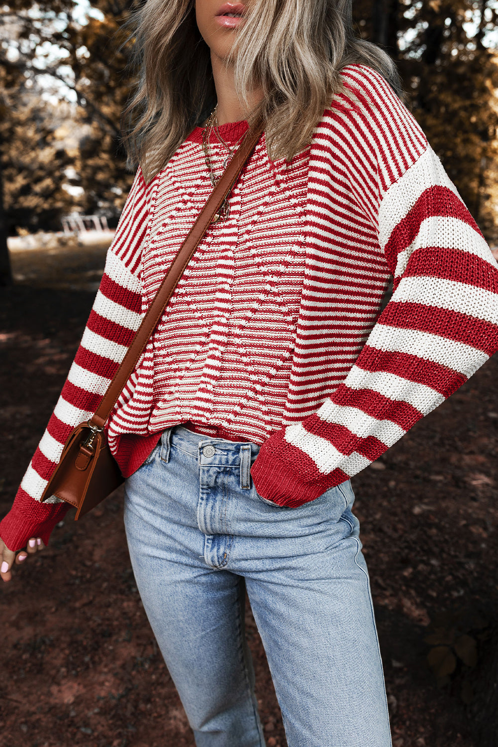 Stripe Twisted Knitted Drop Shoulder Sweater