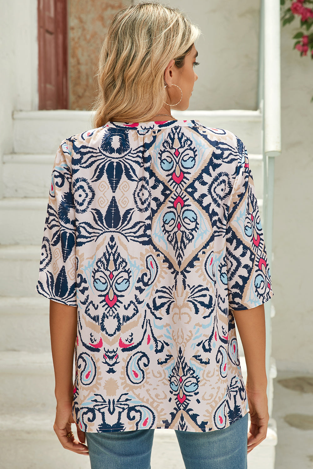 White Abstract Print V-Neck Half Tulip Sleeve Blouse