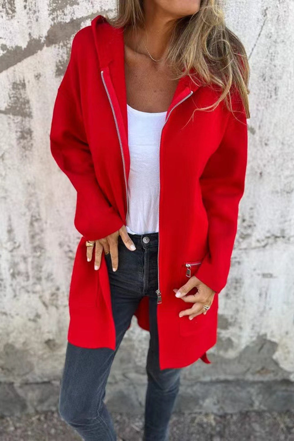 Solid Colour Casual Zipper Hooded Jacket