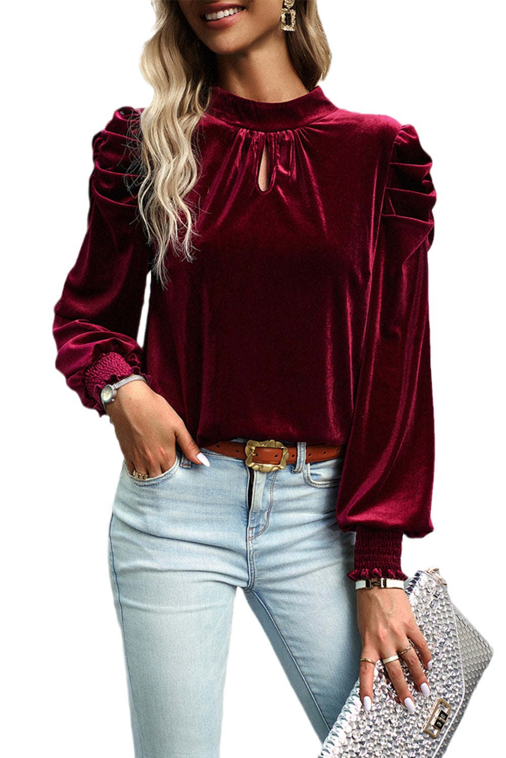 Mock Keyhole Neck Puff Sleeve Velvet Blouse