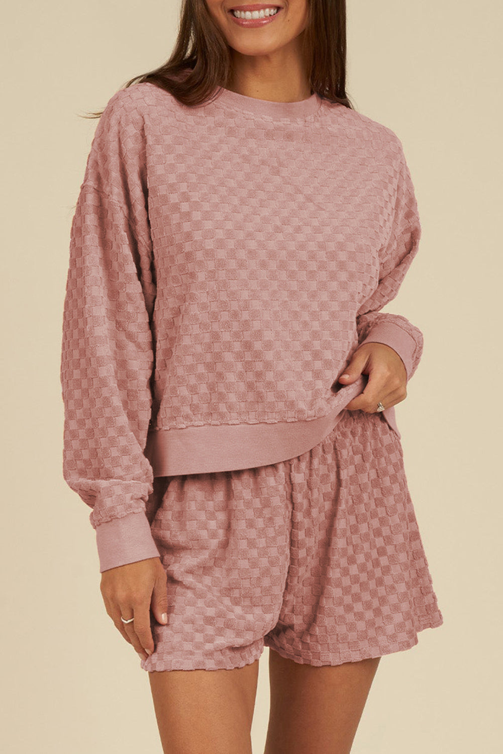 Blossom Checkered Textured Long Sleeve Top and Shorts Set