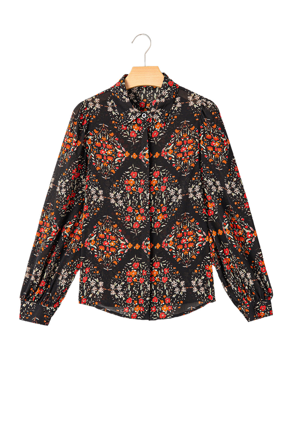 Black Floral Print Collared Button Up Puff Sleeve Shirt