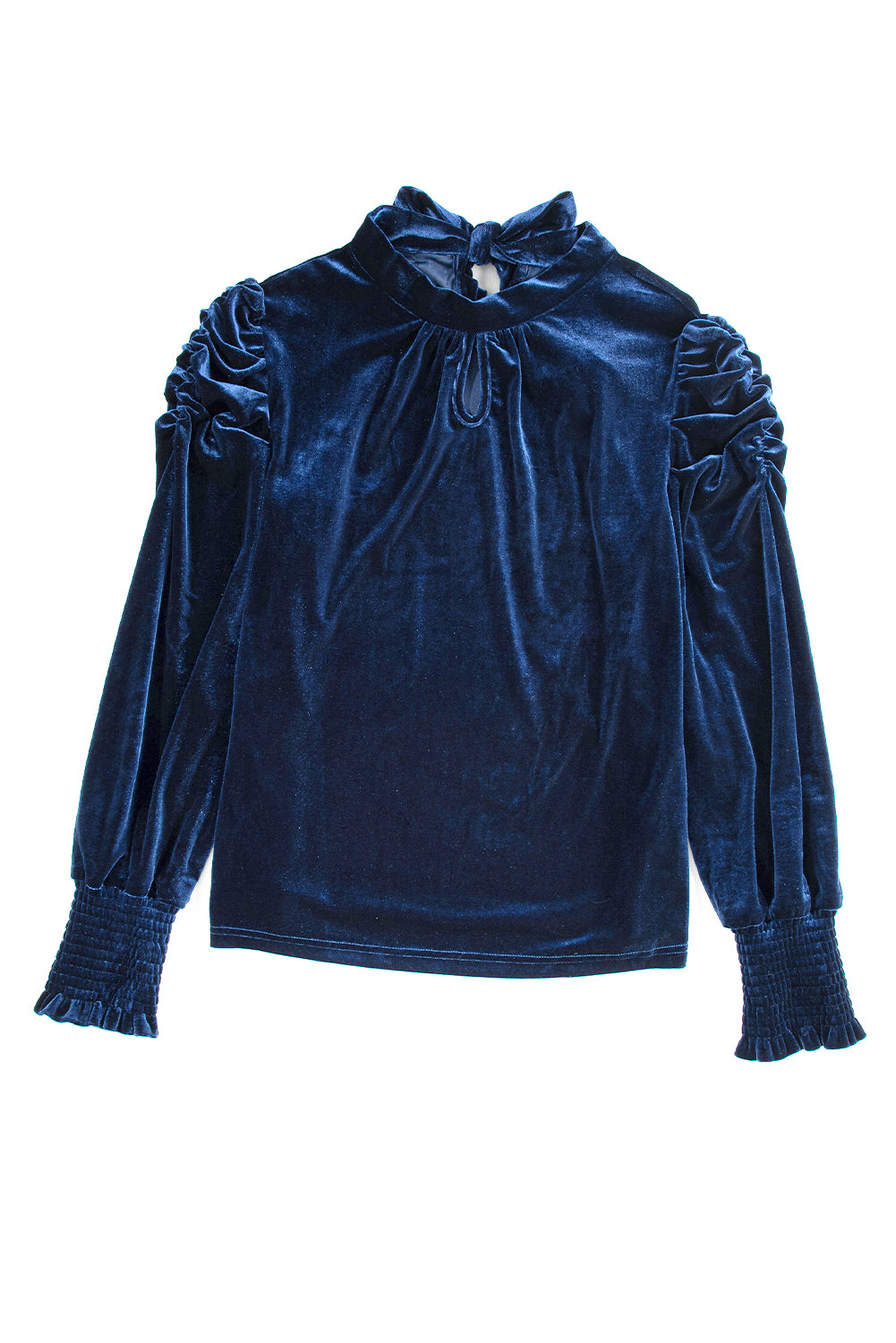 Mock Keyhole Neck Puff Sleeve Velvet Blouse