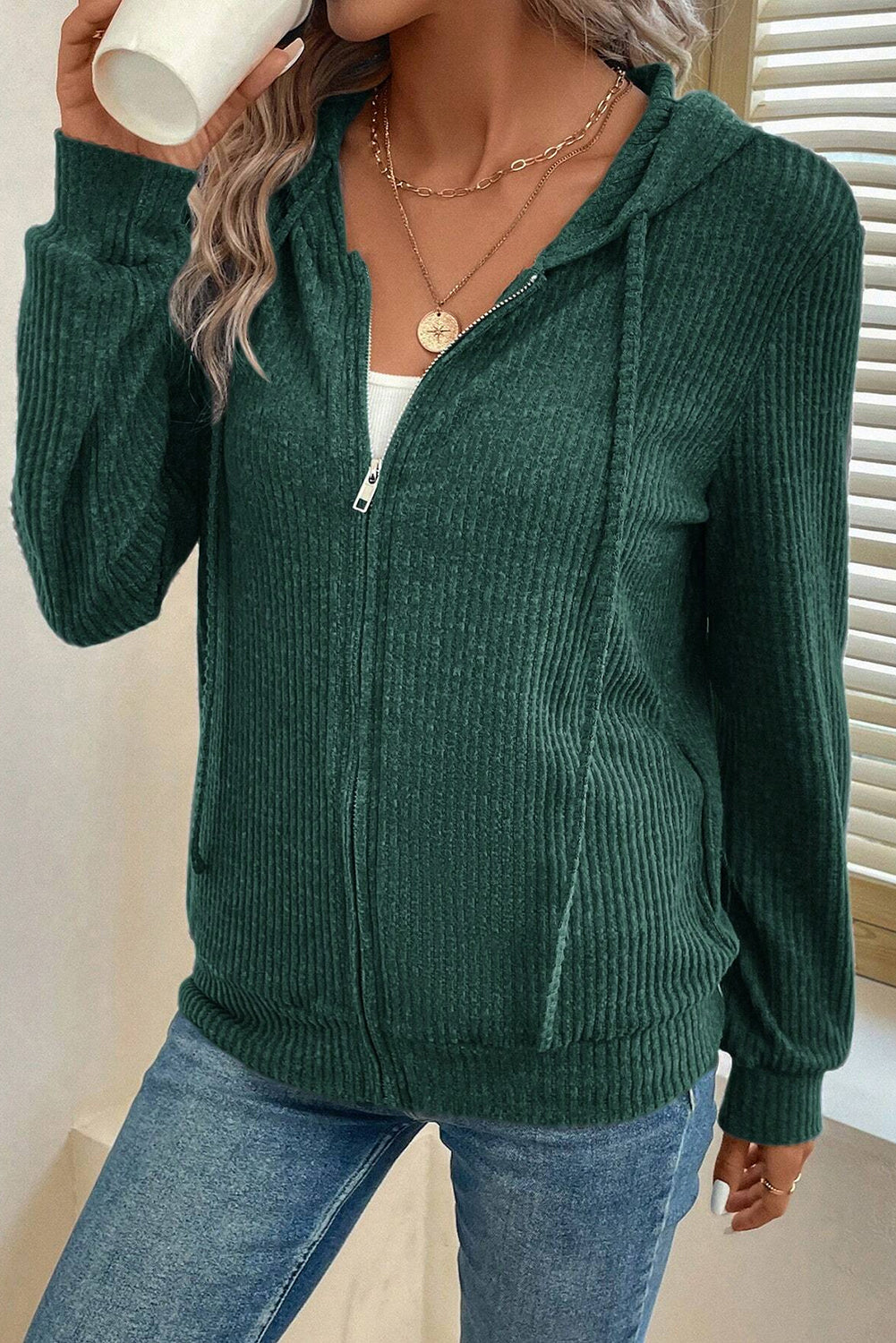 Evergreen Ribbed Zip Front Drawstring Hoodie