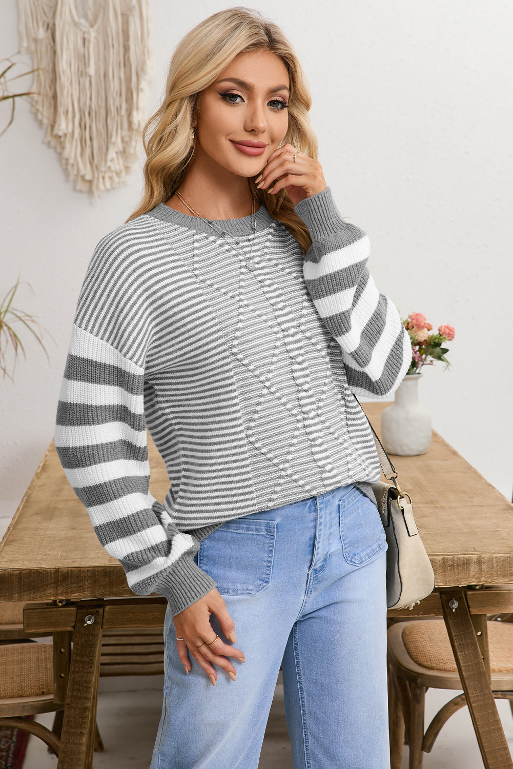 Stripe Twisted Knitted Drop Shoulder Sweater