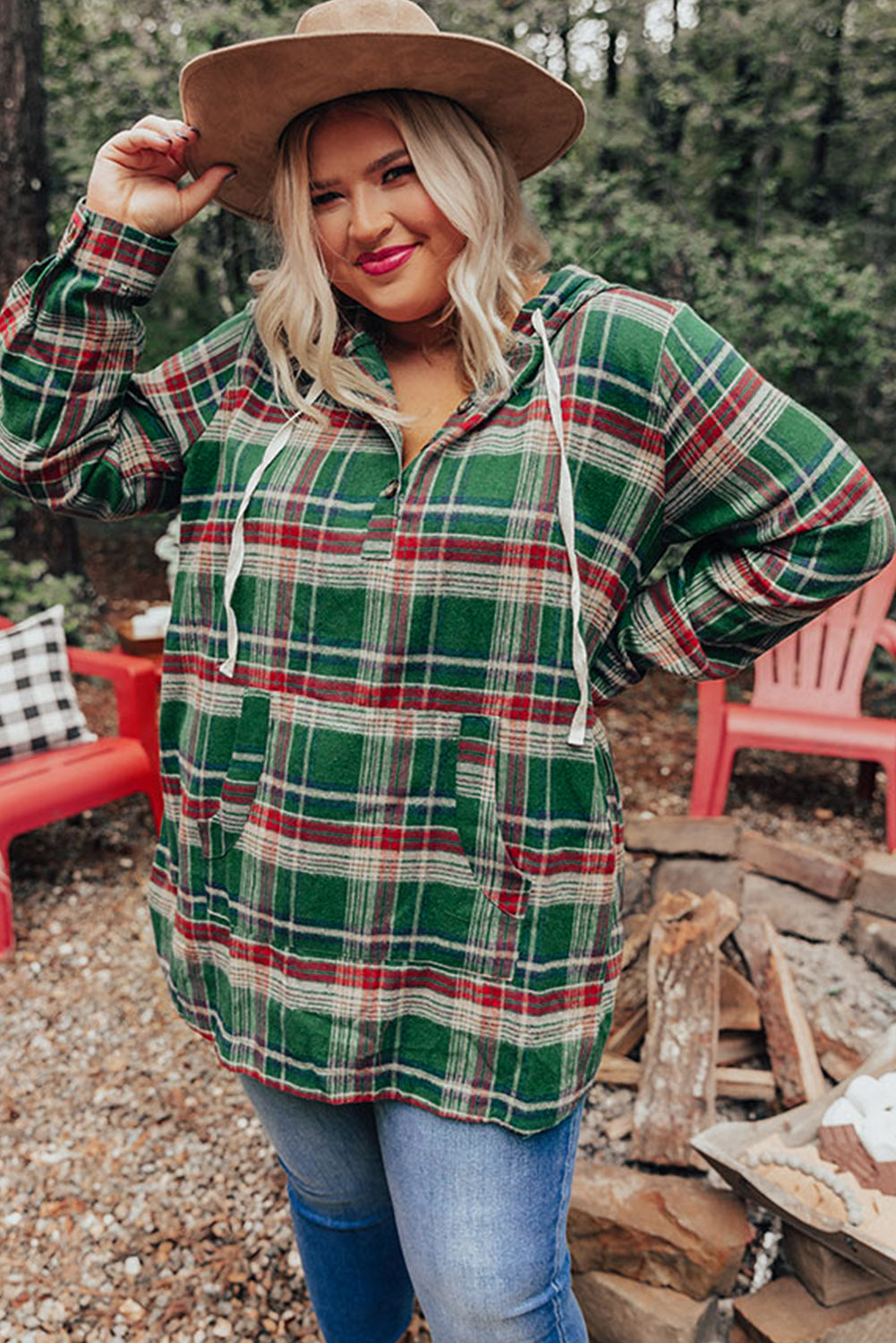 Plus Size Plaid Kangaroo Pocket Drawstring Hoodie