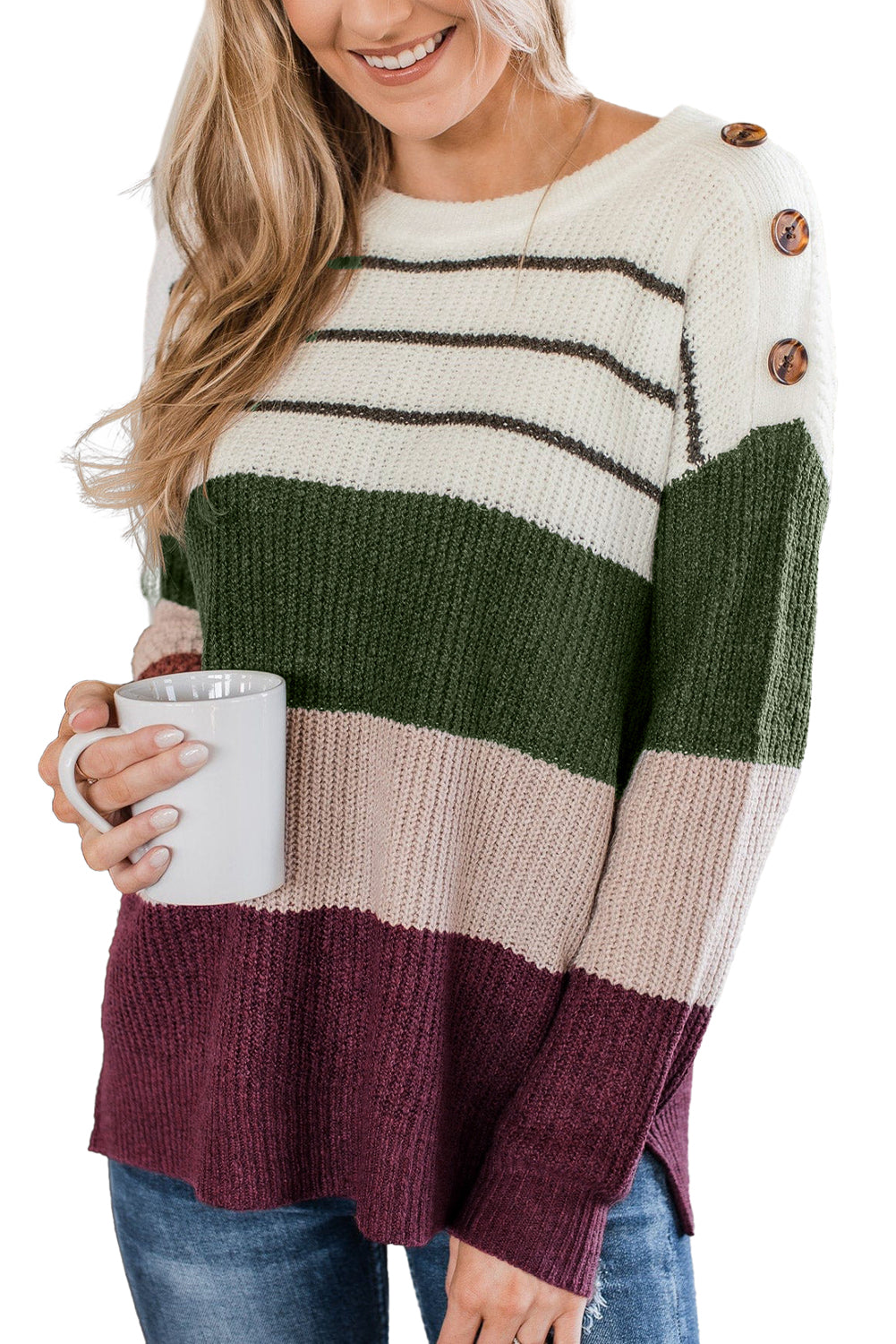 Green Color Block Striped Buttoned Shoulder Split Sweater