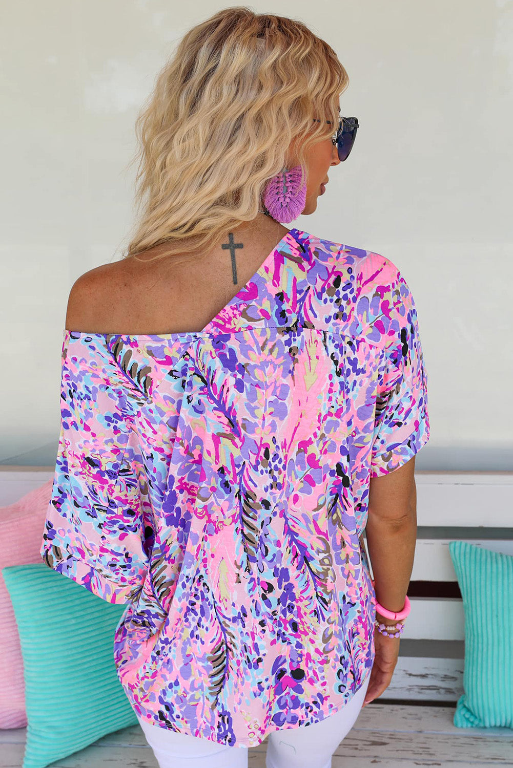 Boho Abstract Floral Print V Neck T Shirt