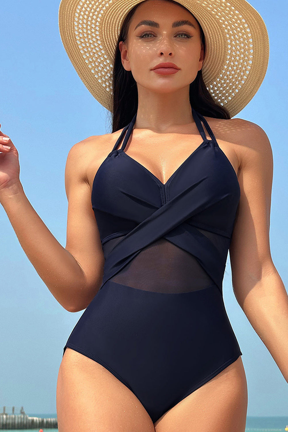 Navy Blue Halter Mesh Insert Cross Front One Piece Swimsuit