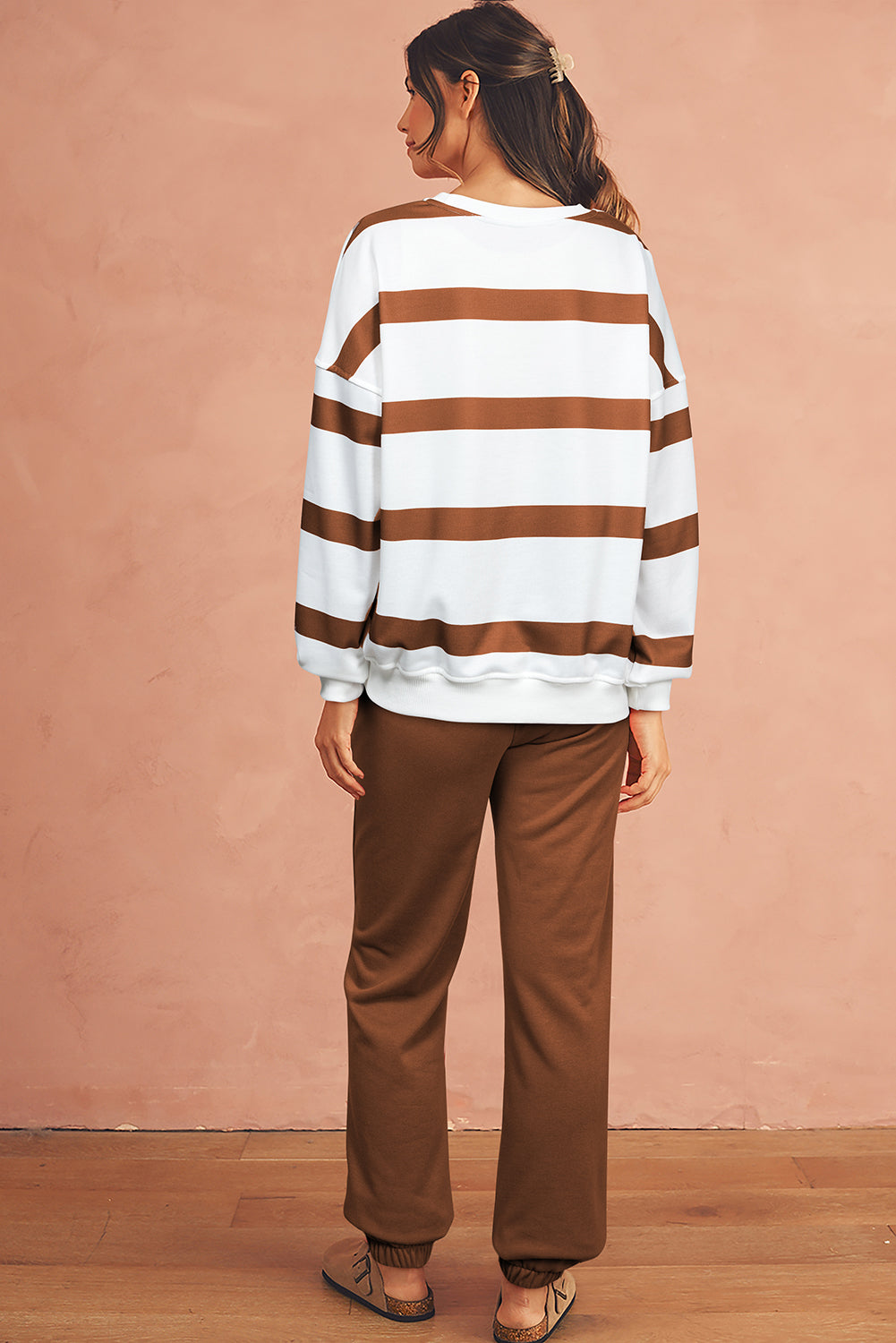 Brown Striped Drop Shoulder Pullover and Joggers Set