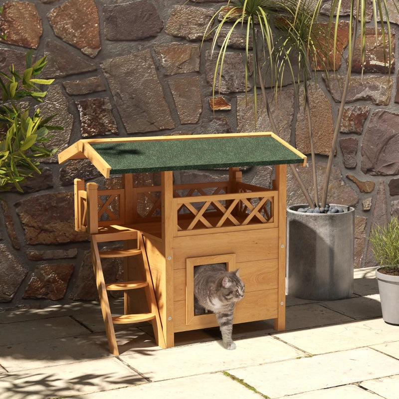 Cat House Outdoor w/ Balcony Stairs Roof, 77 x 50 x 73 cm, Natural Wood Finish