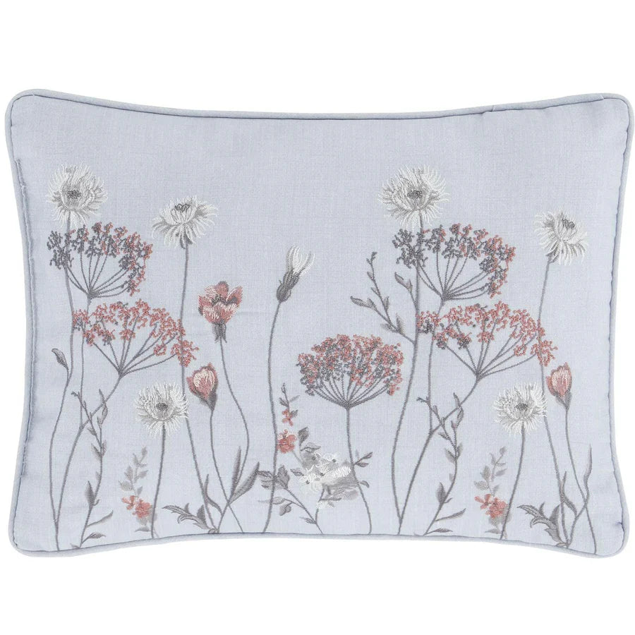 Meadowsweet Floral Embroidered Grey Filled Boudoir Cushion