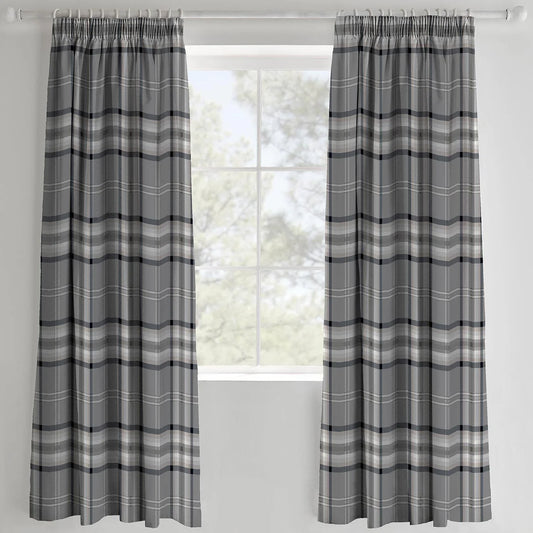 Kelso Plaid Tartan Check Charcoal Lined Tape Top Curtains by Catherine Lansfield