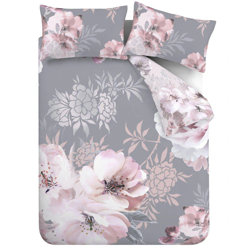 Dramatic Floral Peony Print Pink & Grey Duvet Cover Set by Catherine Lansfield