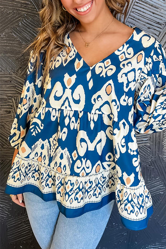 Blue Ethnic Print 3/4 Sleeve Flowy Blouse