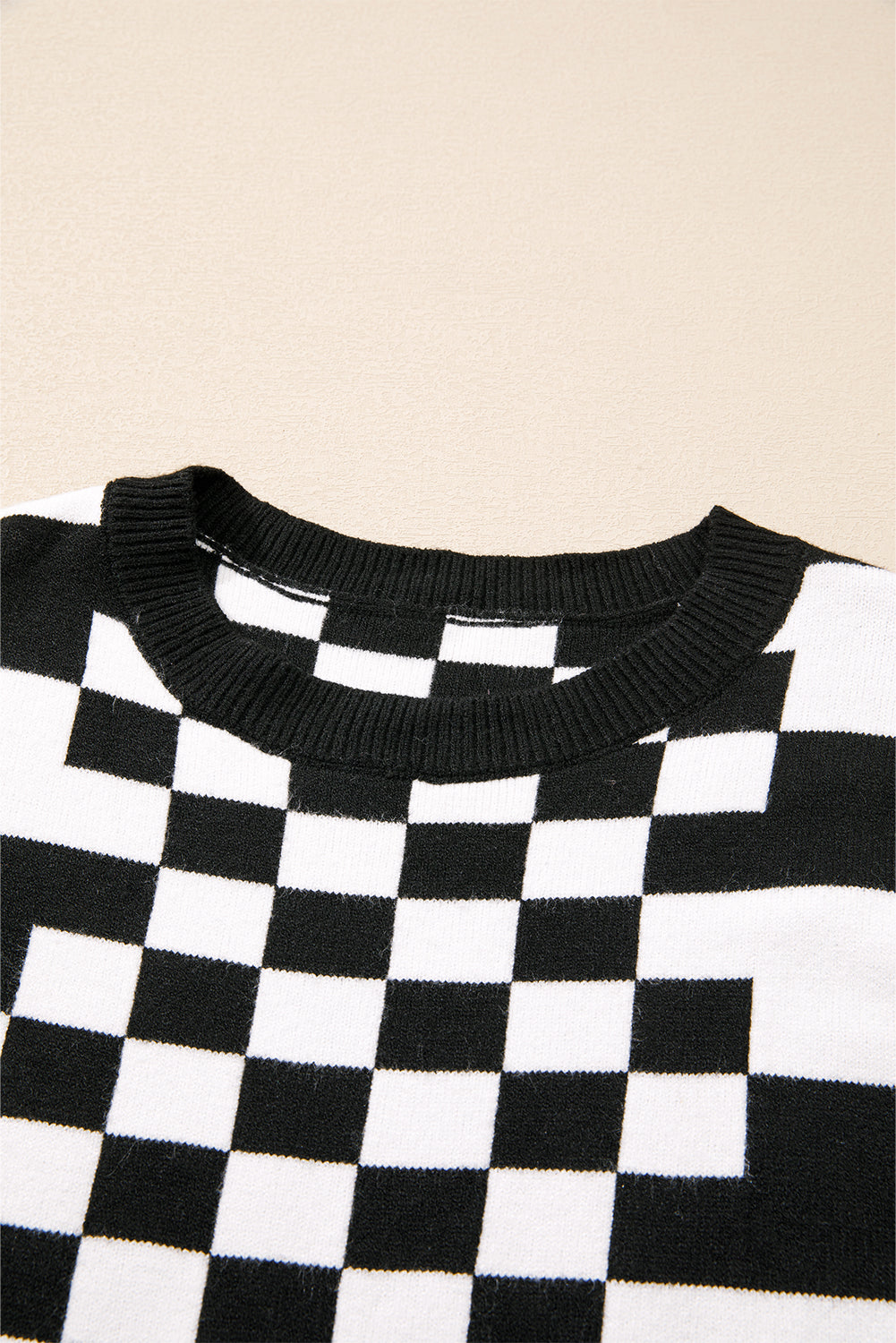 Checkered Drop Shoulder Round Neck Sweater